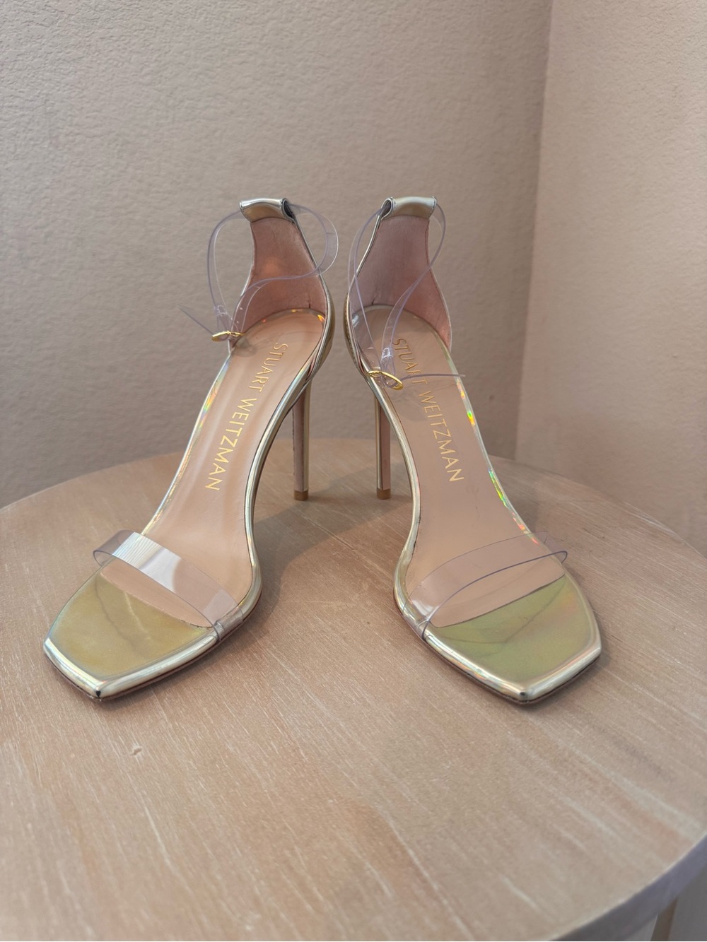 Stuart Weitzman Holographic Iridescent Clear-Strap Heels - Size 9 - NIB - $450